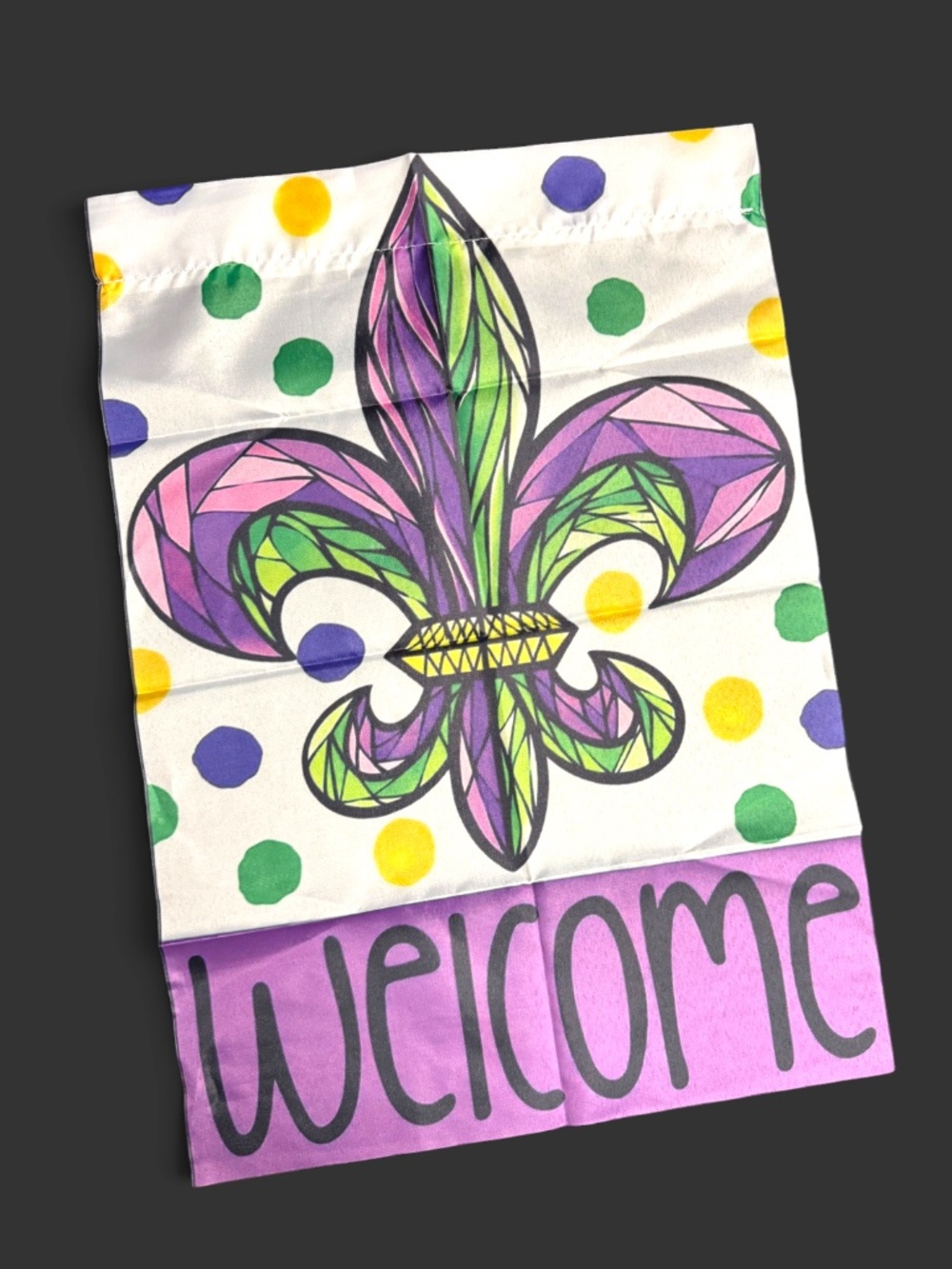 Mardi Gras Garden Flag 12x18 Fleur De Lis Purple Green Gold Welcome NIP